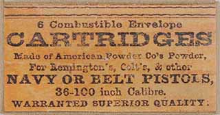 Combustible Paper Cartridge Ammunition,
for .36 caliber percussion revolvers,
period labeling, box of six